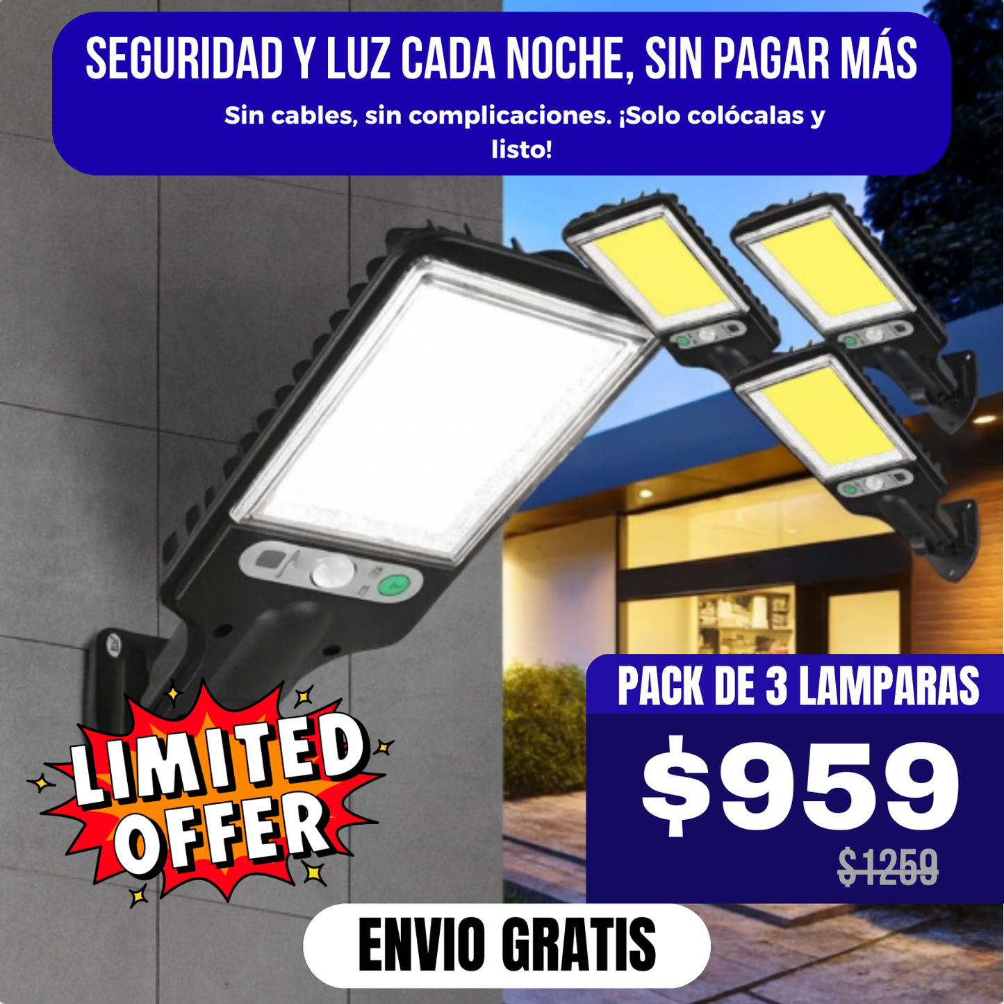 PACK x 3 LUCES SOLARES - con sensor de movimiento + control remoto